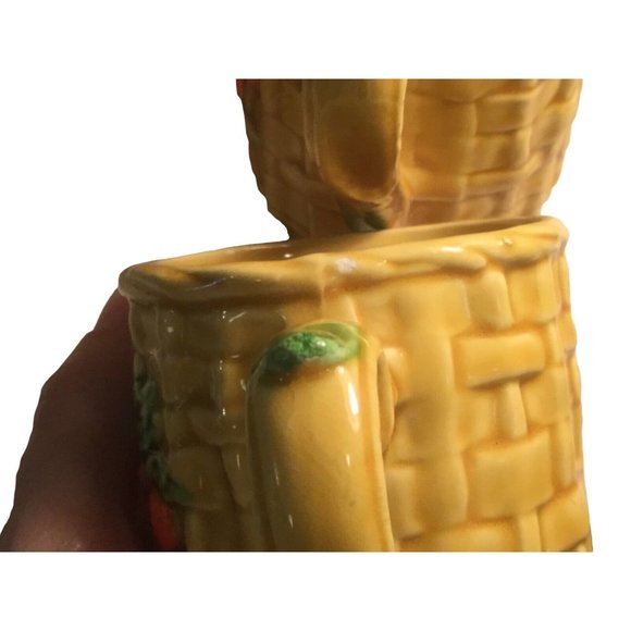 Vintage Ceramic Coffee Mugs Cups Yellow Basket Weave with Peaches on Front #5349 - Picture 7 of 8